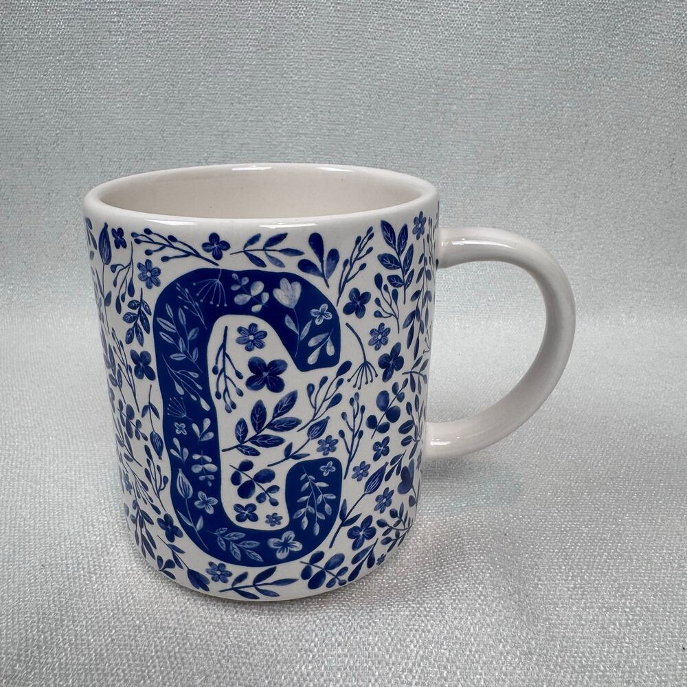 Kirkland Monogram Mug "C" - White Ceramic with Blue Floral & Leaf Motif